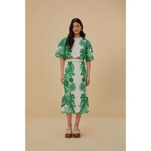 FARM RIO FESTIVAL 2 PC Linen Crop Top & Skirt Green & White Tropic Set Dress